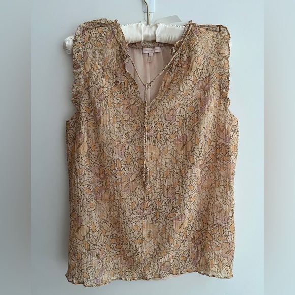 REBECCA TAYLOR Sleeveless Lined Pullover Blouse Ruffle Floral Crinkle Metallic - Picture 8 of 16